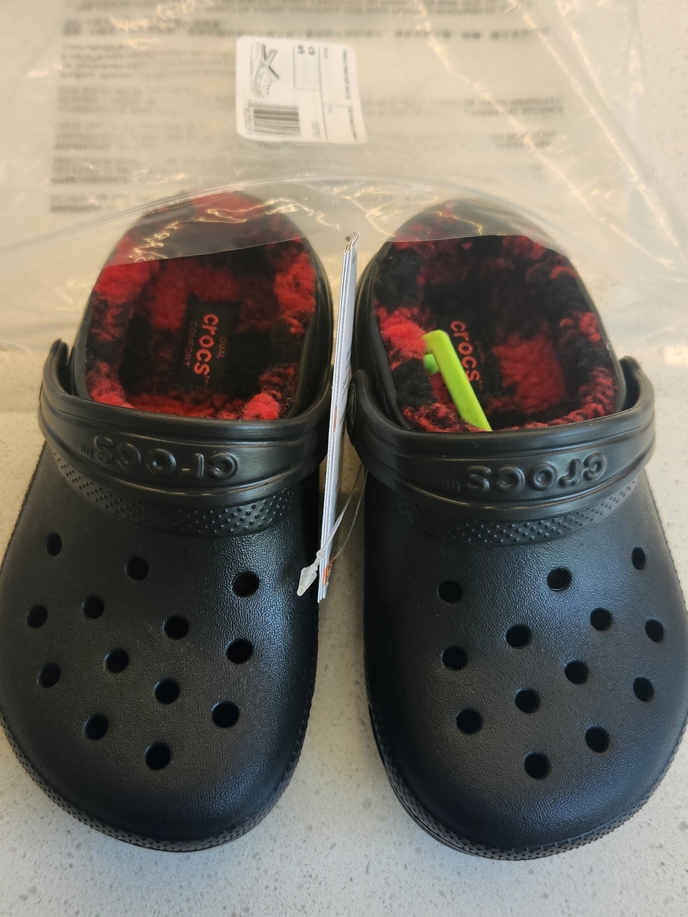CROCS Kids Classic Clog with Red Plaid Fleece Lining - Black
